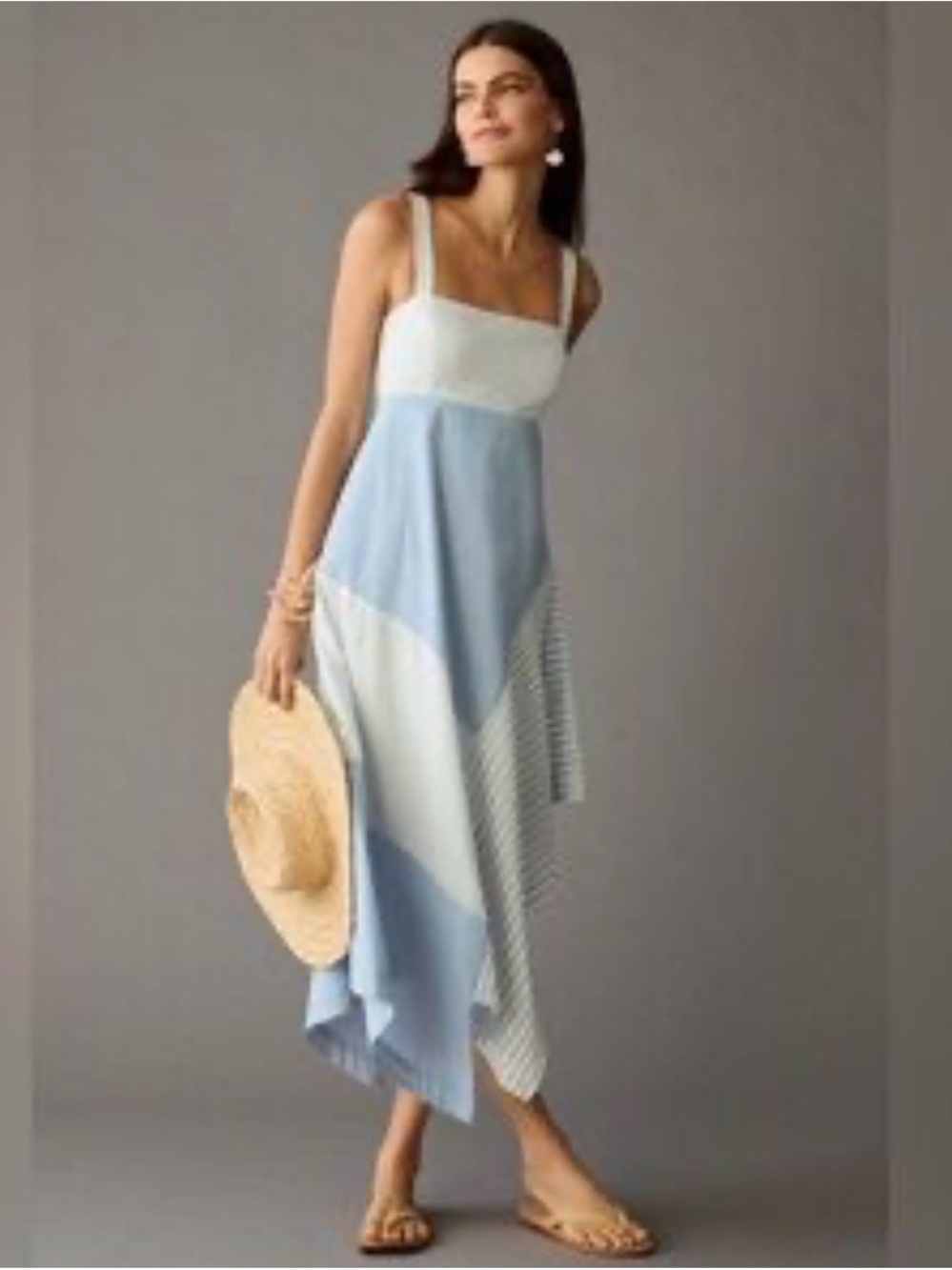 Anthropologie Light Blue & White Asymmetrical Handkerchief-Hem Dress